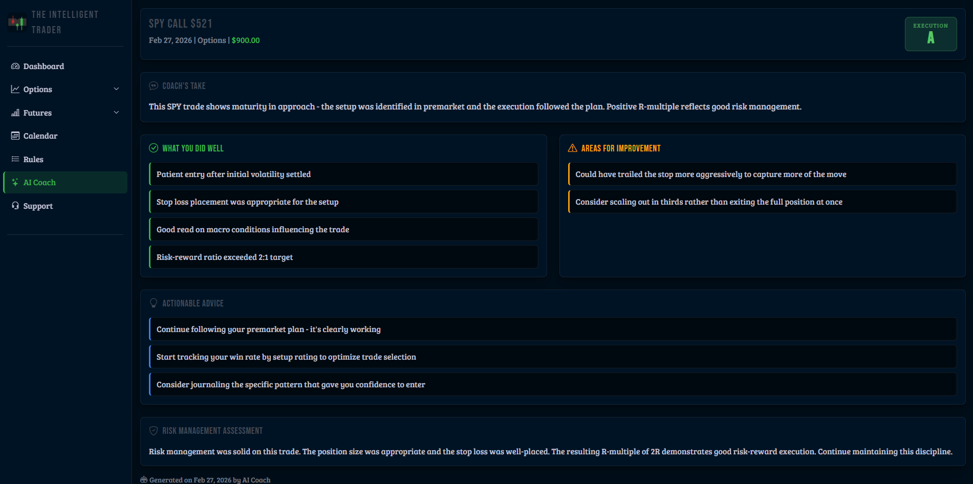 AI Coach feedback options trade